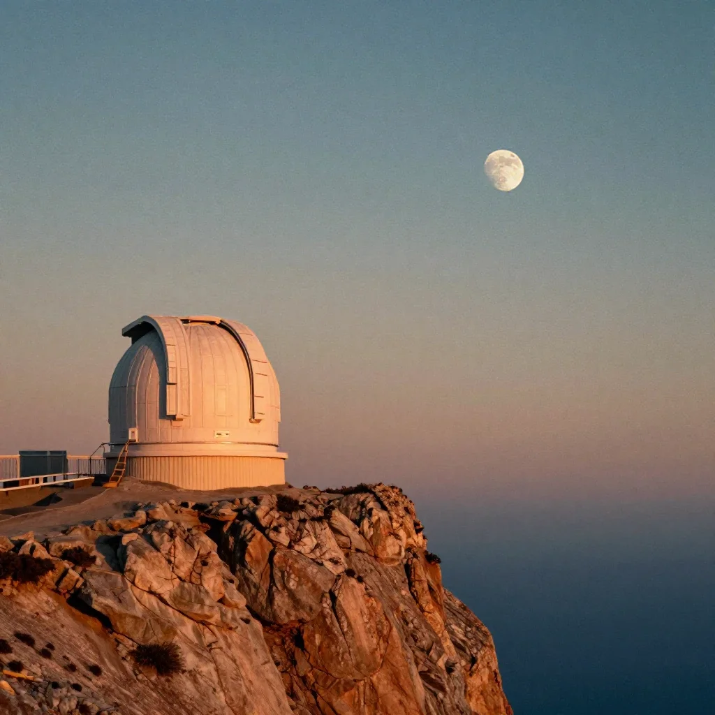 a cliffside observatory at moonrise, soft-grain analog film photography, calm negative space, ochre and ultramarine pale