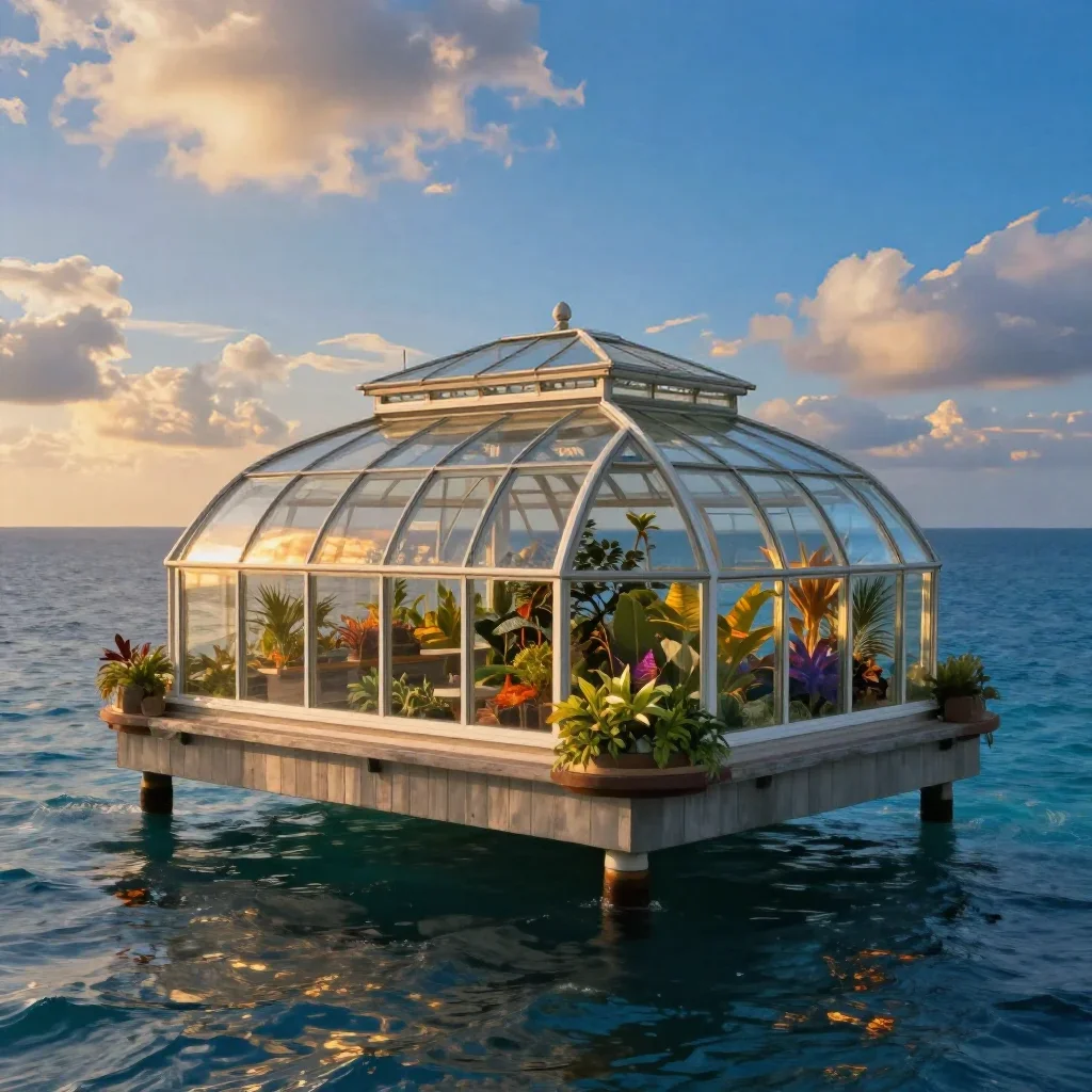 a floating botanical conservatory in a gentle sea breeze, dreamlike fine-art landscape photography, clean natural textur
