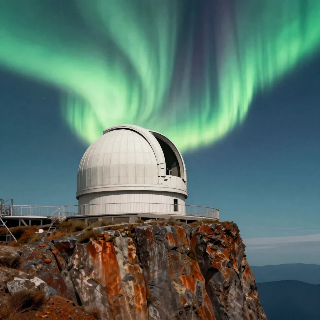 a cliffside observatory beneath an aurora, Japanese woodblock-inspired editorial art, crisp material detail, rust and sa