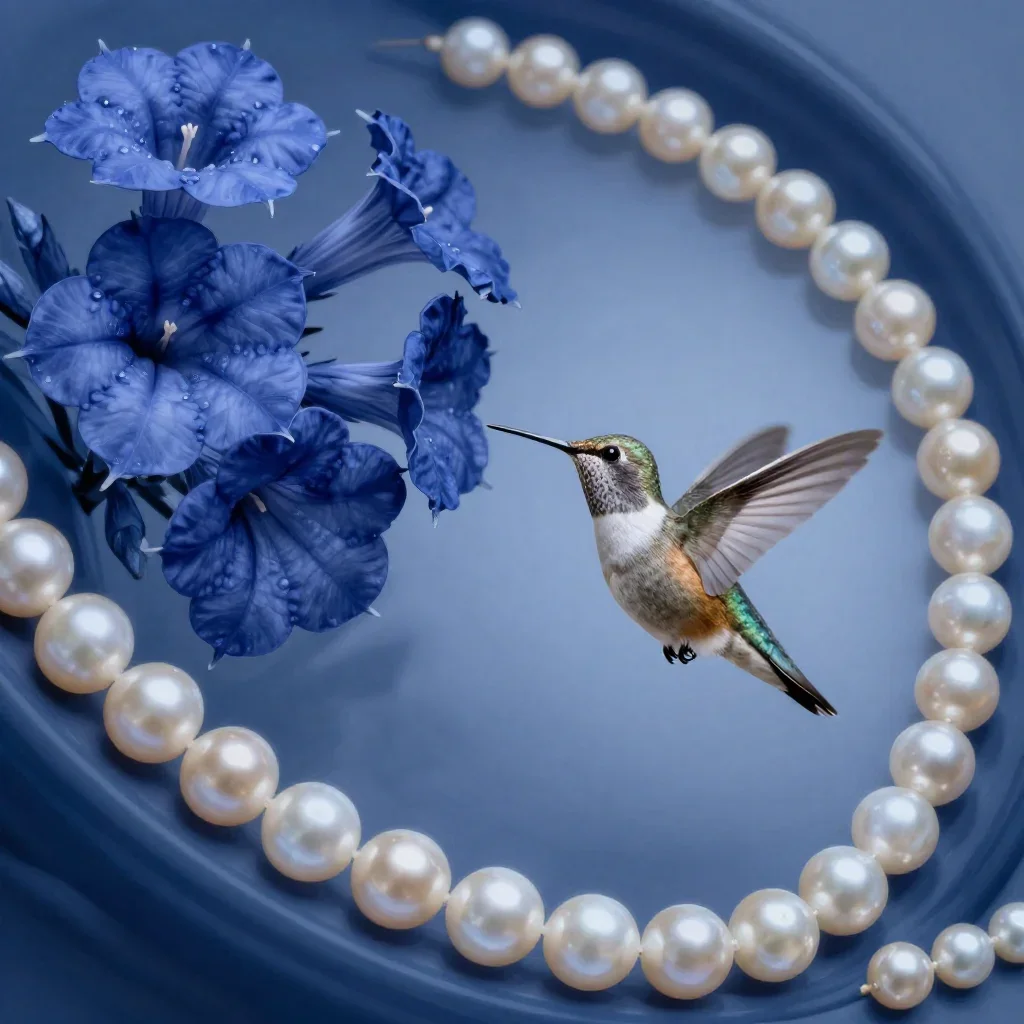 a hummingbird beside trumpet flowers in cool museum light, museum-quality still-life photography, layered foreground fra
