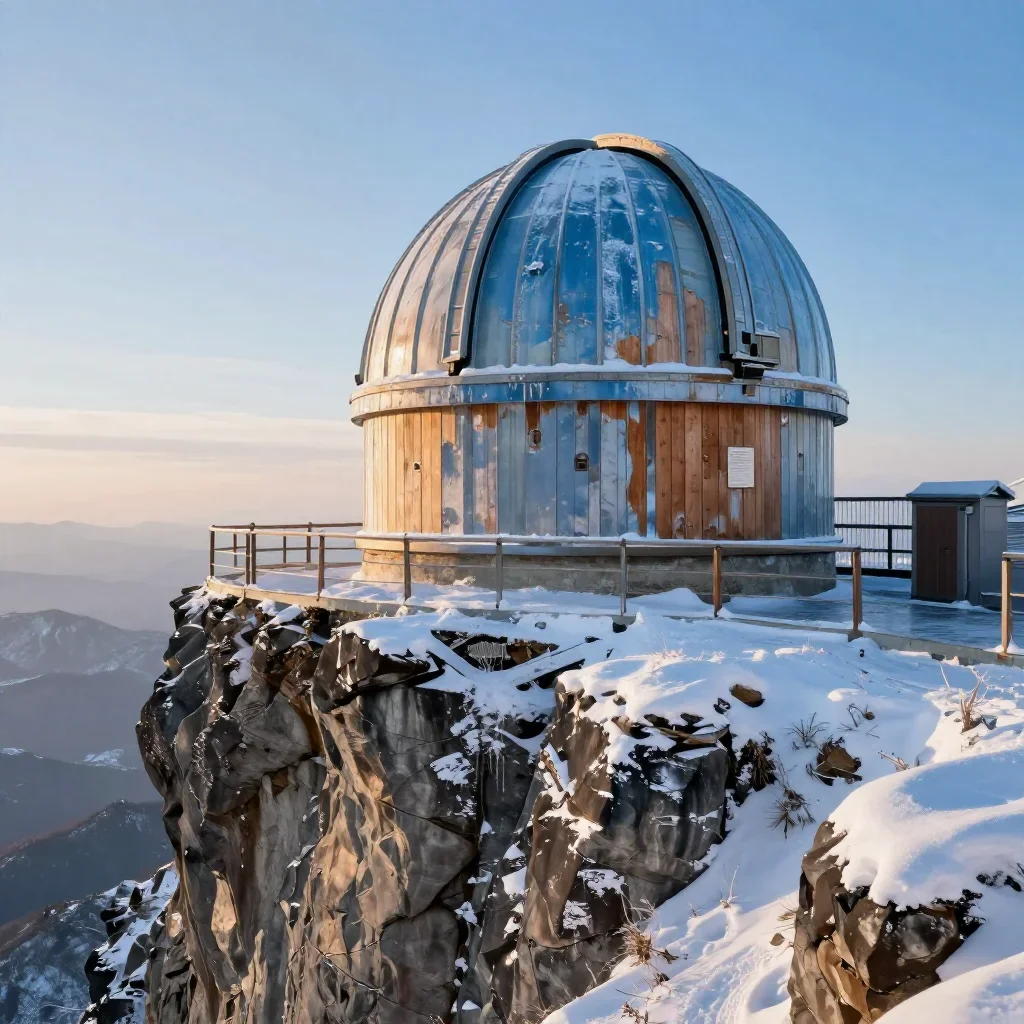 a cliffside observatory in crisp winter sunlight, refined editorial travel photography, weathered tactile surfaces, ice 