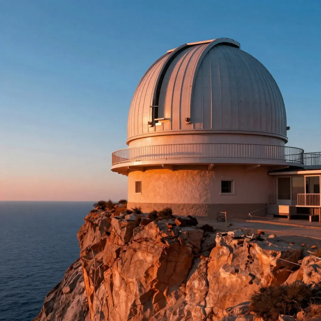 a cliffside observatory in crisp winter sunlight, cinematic architectural photography, soft volumetric light, ochre and