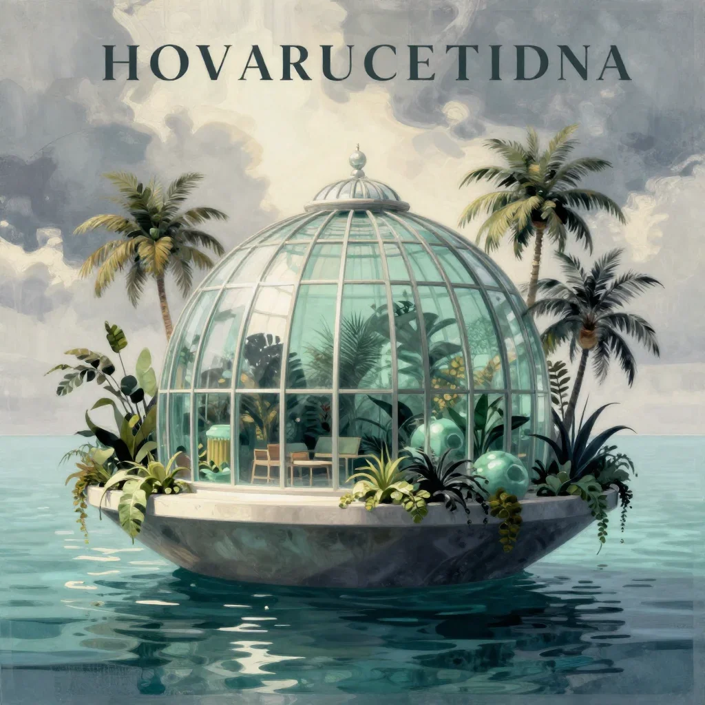 a floating botanical conservatory in a gentle sea breeze, modernist poster illustration, soft volumetric light, jade and