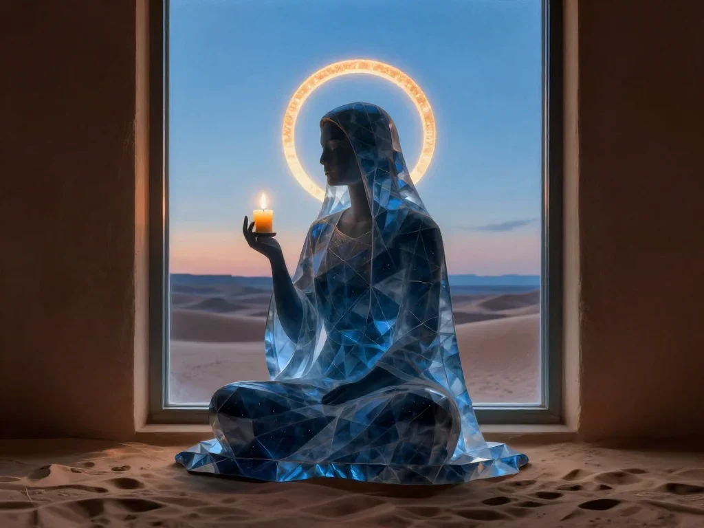 a celestial priestess with haloed candlelight in a seated silhouette against a window, in a silent desert at twilight, d