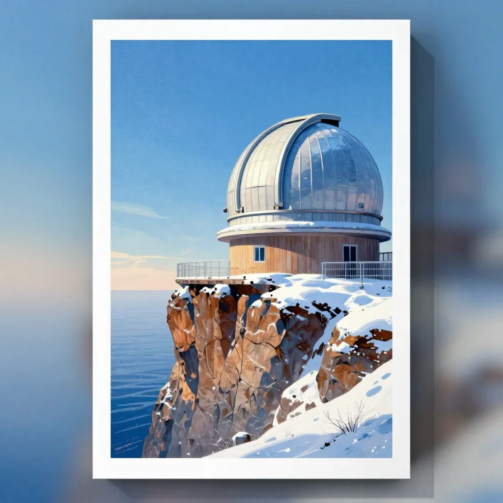 a cliffside observatory in crisp winter sunlight, modernist poster illustration, subtle film grain, ice blue and warm ce
