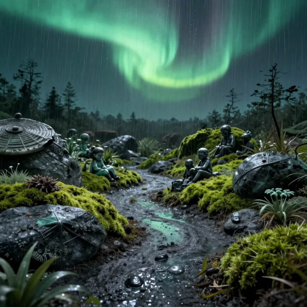 a moss garden after rain beneath an aurora, quiet science-fiction concept art, weathered tactile surfaces, jade and char