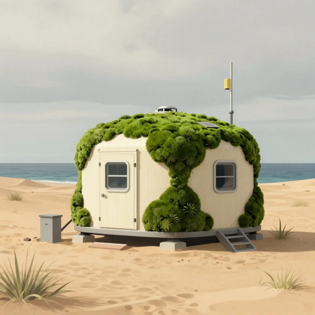 a desert research station under overcast coastal light, Japanese woodblock-inspired editorial art, crisp material detail