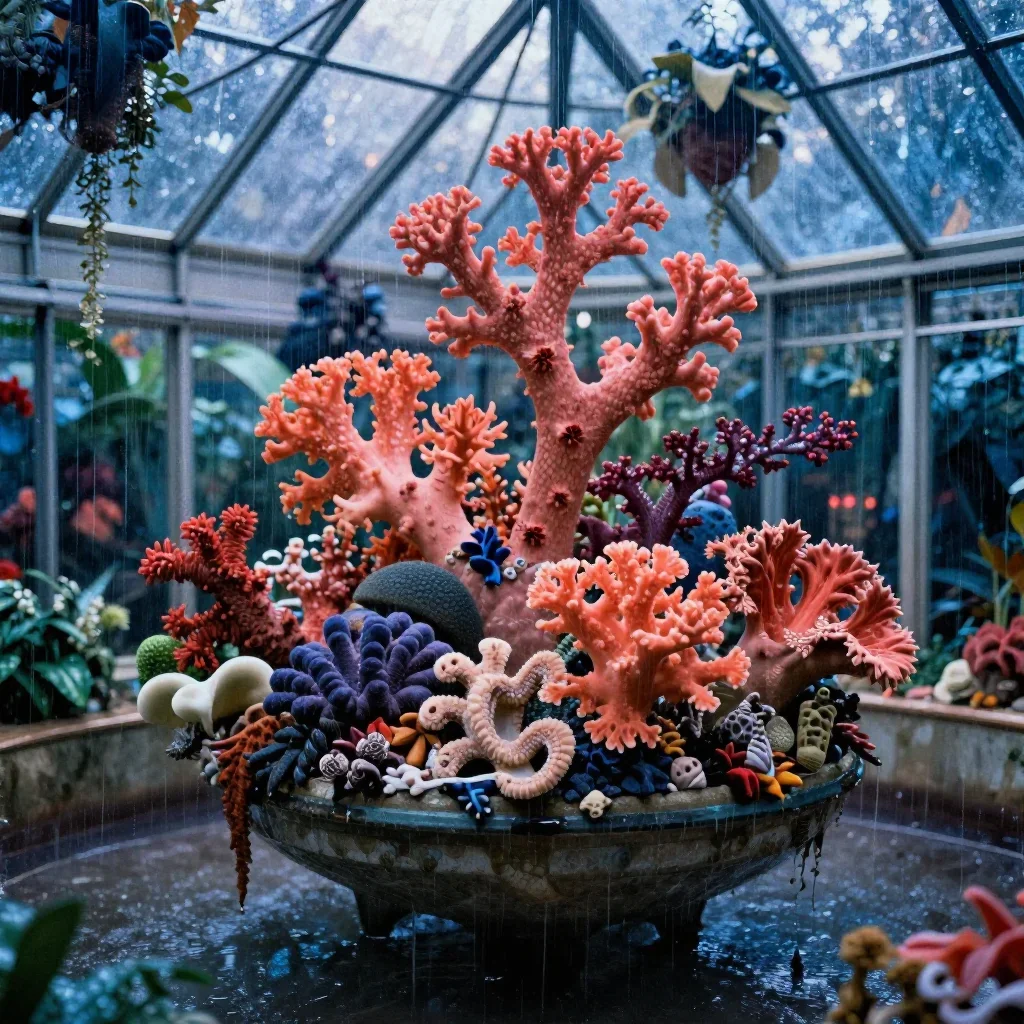 a floating botanical conservatory after warm summer rain, cinematic architectural photography, subtle film grain, coral
