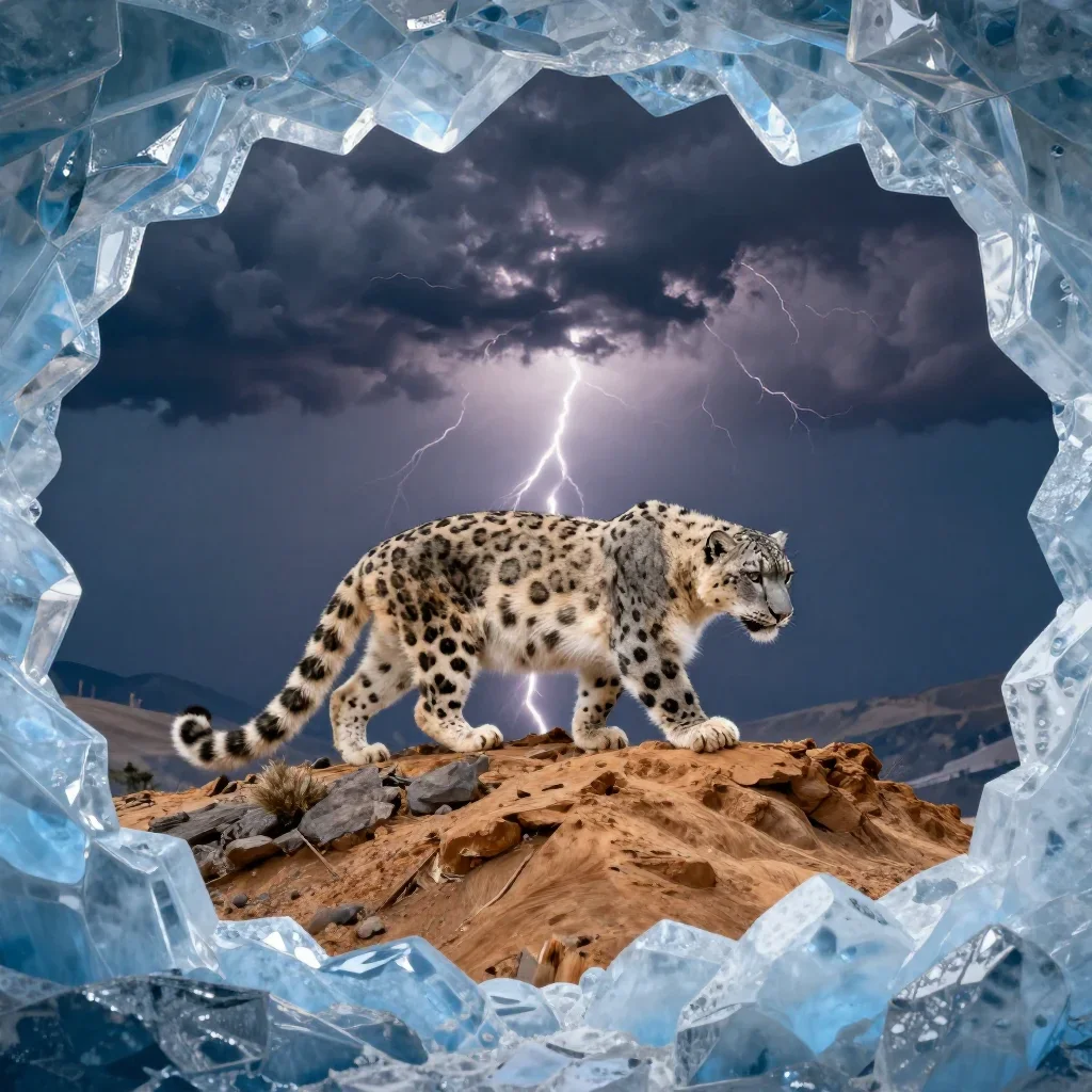 a snow leopard crossing a ridge after a distant thunderstorm, museum-quality still-life photography, layered foreground 