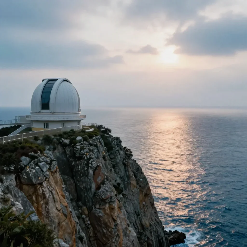 a cliffside observatory under overcast coastal light, dreamlike fine-art landscape photography, gentle reflected light, 