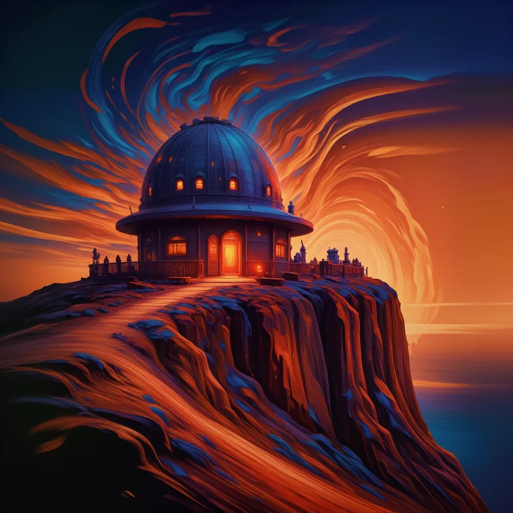 a cliffside observatory during golden hour, modernist poster illustration, restrained color harmony, ochre and ultramari