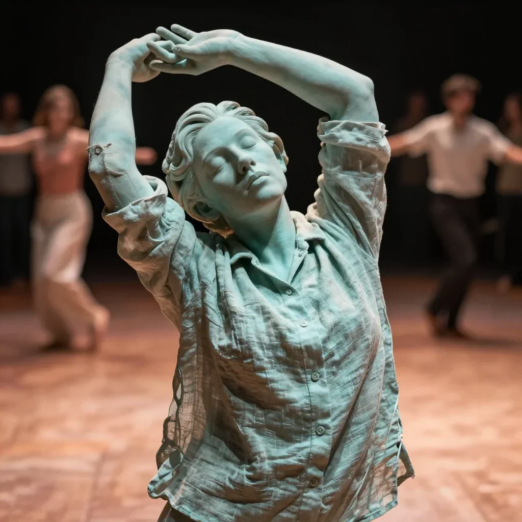 a sculptor at rest in a linen shirt, dust-hazed mid-turn with fabric catching the light, on a midnight dance floor, Nati