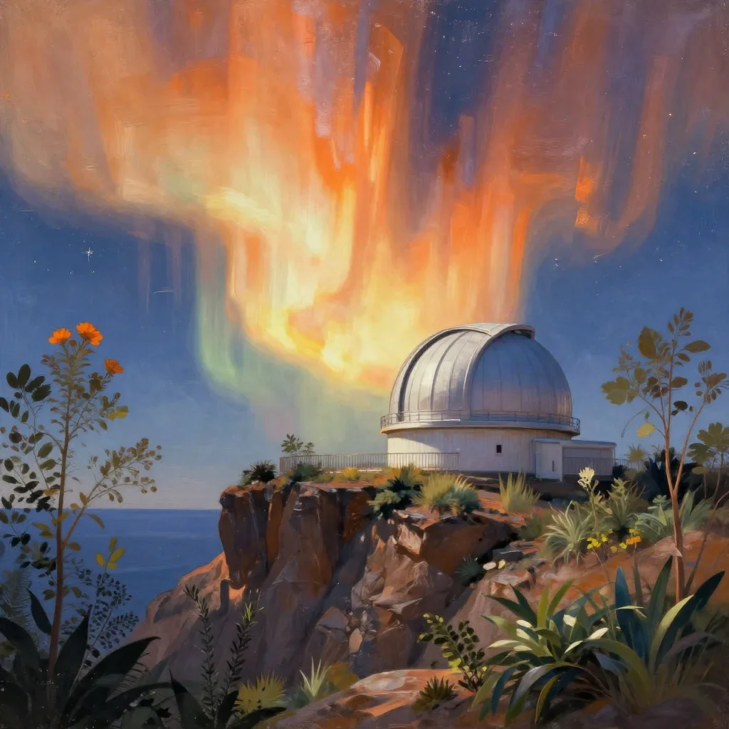 a cliffside observatory beneath an aurora, contemporary botanical illustration, soft volumetric light, ochre and ultrama