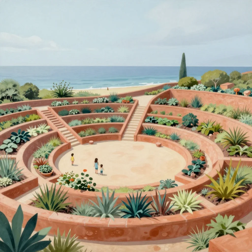a ring habitat with terraced gardens under overcast coastal light, luminous gouache painting, clean natural textures, te