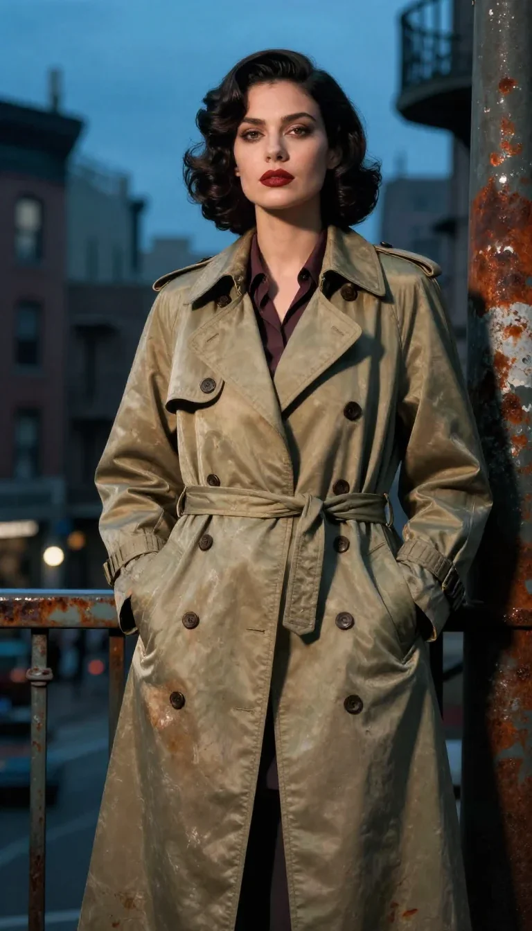 a noir detective's femme fatal muse in a trench coat standing tall with hands in pockets, in a blue-hour city apartment,