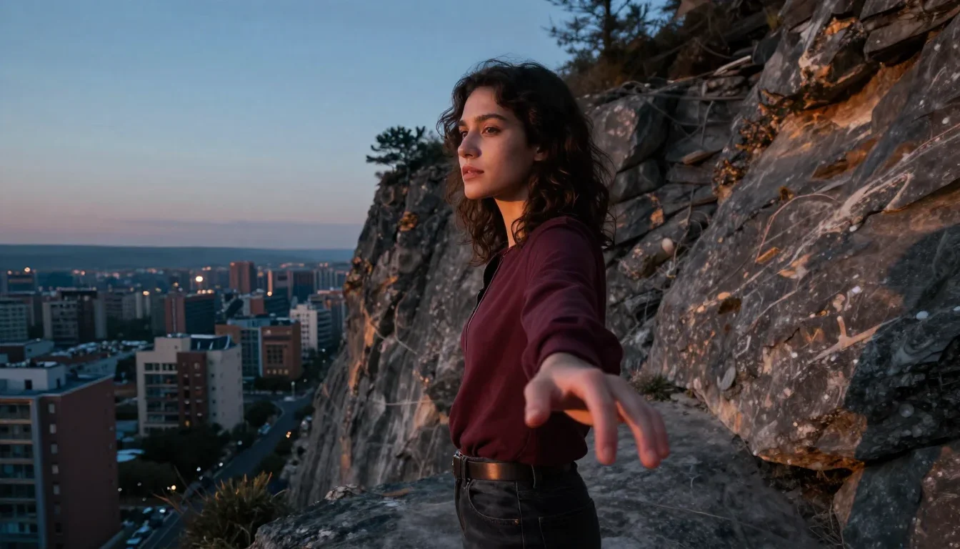 a travel influencer posing on a cliffside at golden hour in a gentle reach toward the lens, in a blue-hour city apartmen