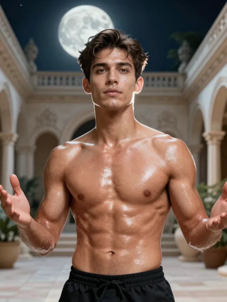 a chiseled athlete in dramatic rim light, oiled skin in a bold, open-armed welcome, in a moonlit palace courtyard, Vogue
