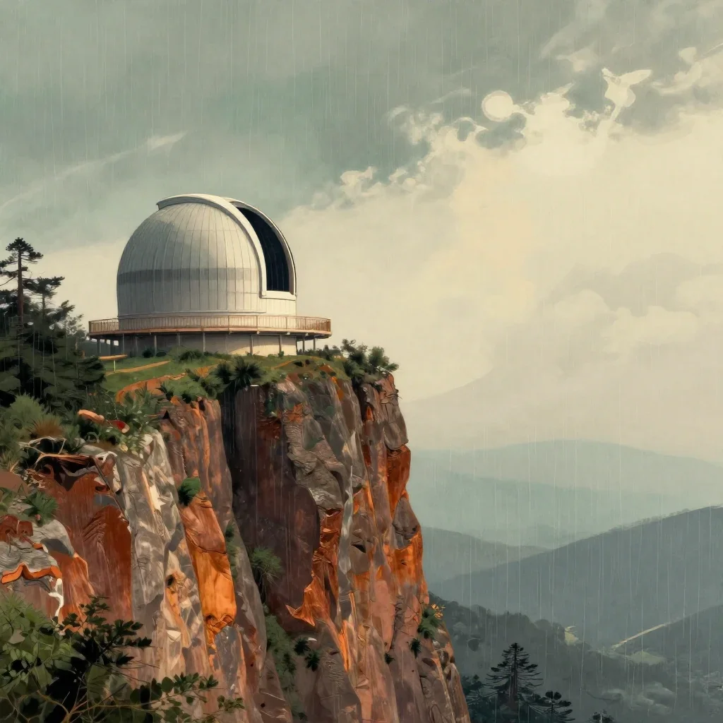 a cliffside observatory after warm summer rain, Japanese woodblock-inspired editorial art, calm negative space, rust and