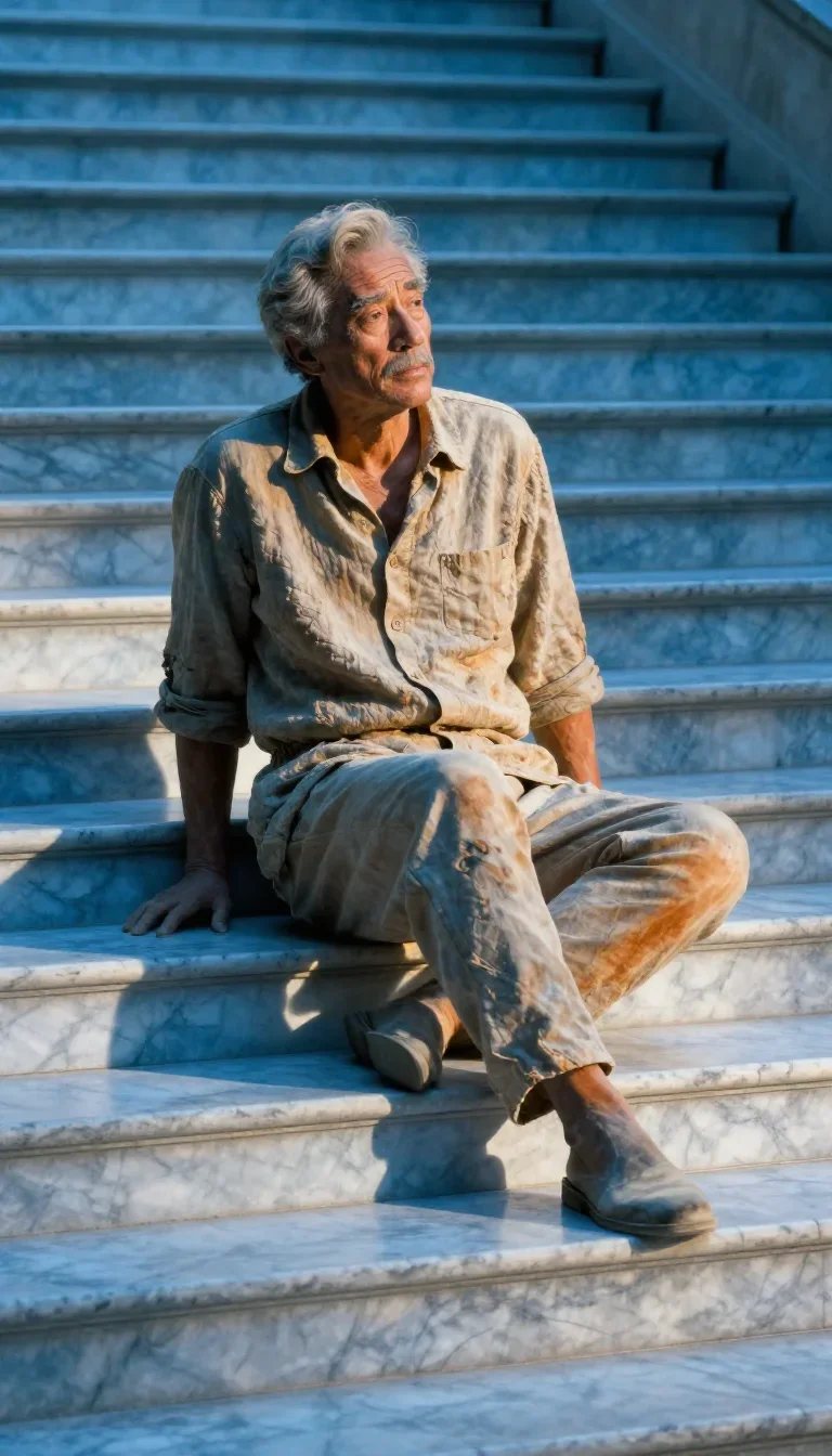 a sculptor at rest in a linen shirt, dust-hazed in a graceful contrapposto pose, on a marble staircase at dawn, Wong Kar