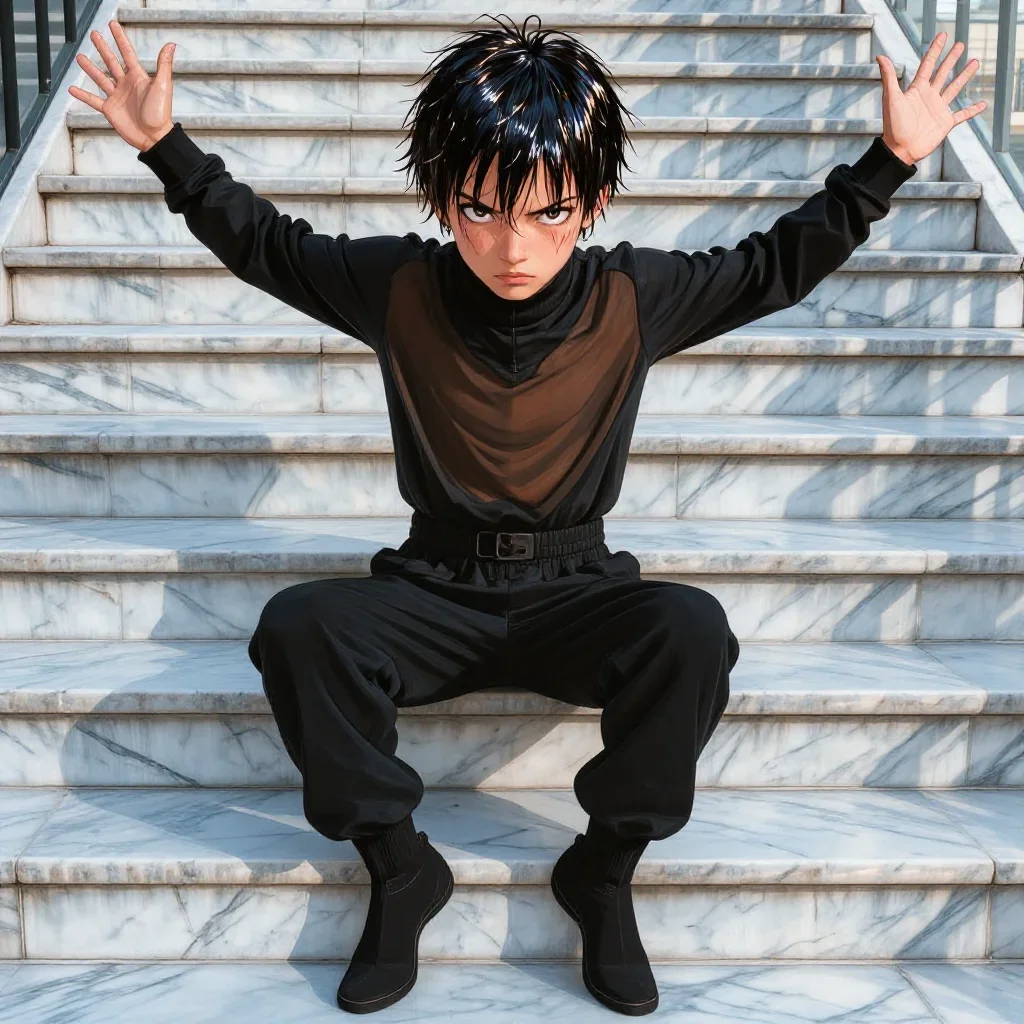 a streetwear influencer with wet-look hair in a bold, open-armed welcome, on a marble staircase at dawn, bold Helmut New
