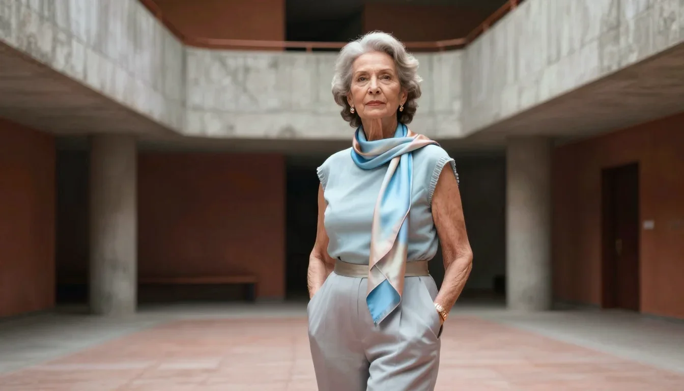 an elegant older stateswoman in a silk scarf standing tall with hands in pockets, in a brutalist concrete atrium, soft-g
