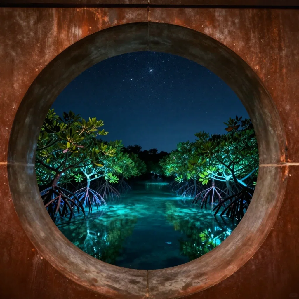 a bioluminescent mangrove lagoon beneath a star-filled sky, cinematic architectural photography, layered foreground fram