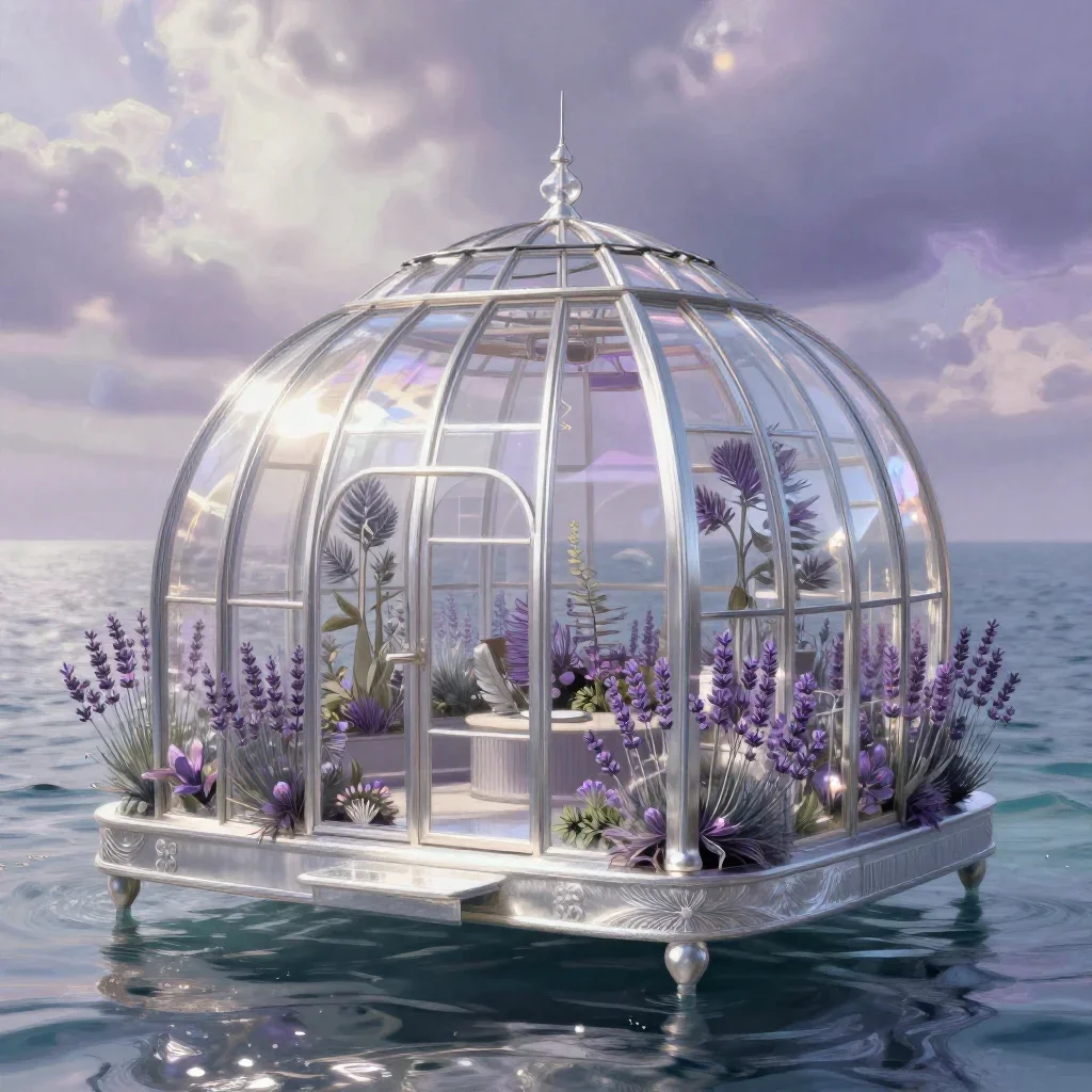 a floating botanical conservatory in a gentle sea breeze, contemporary botanical illustration, soft volumetric light, la