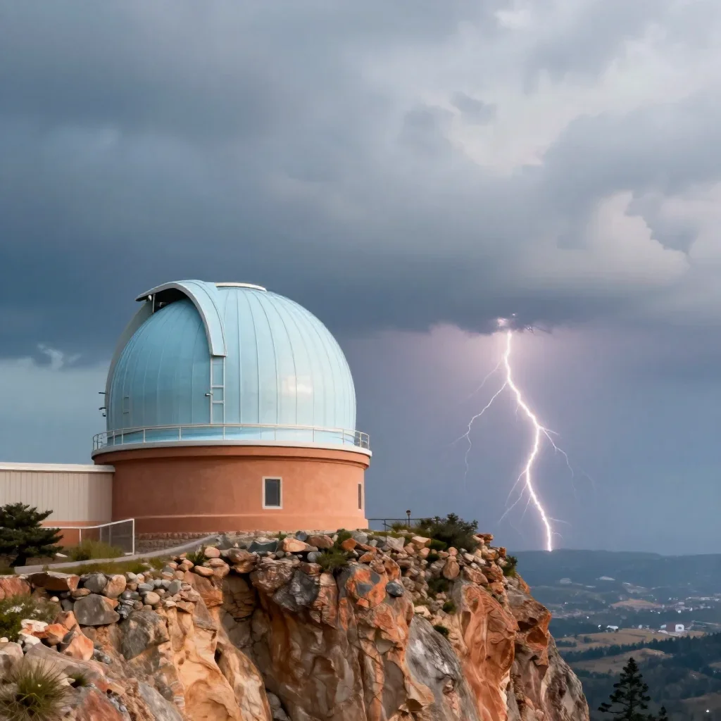 a cliffside observatory after a distant thunderstorm, cinematic architectural photography, soft volumetric light, terrac