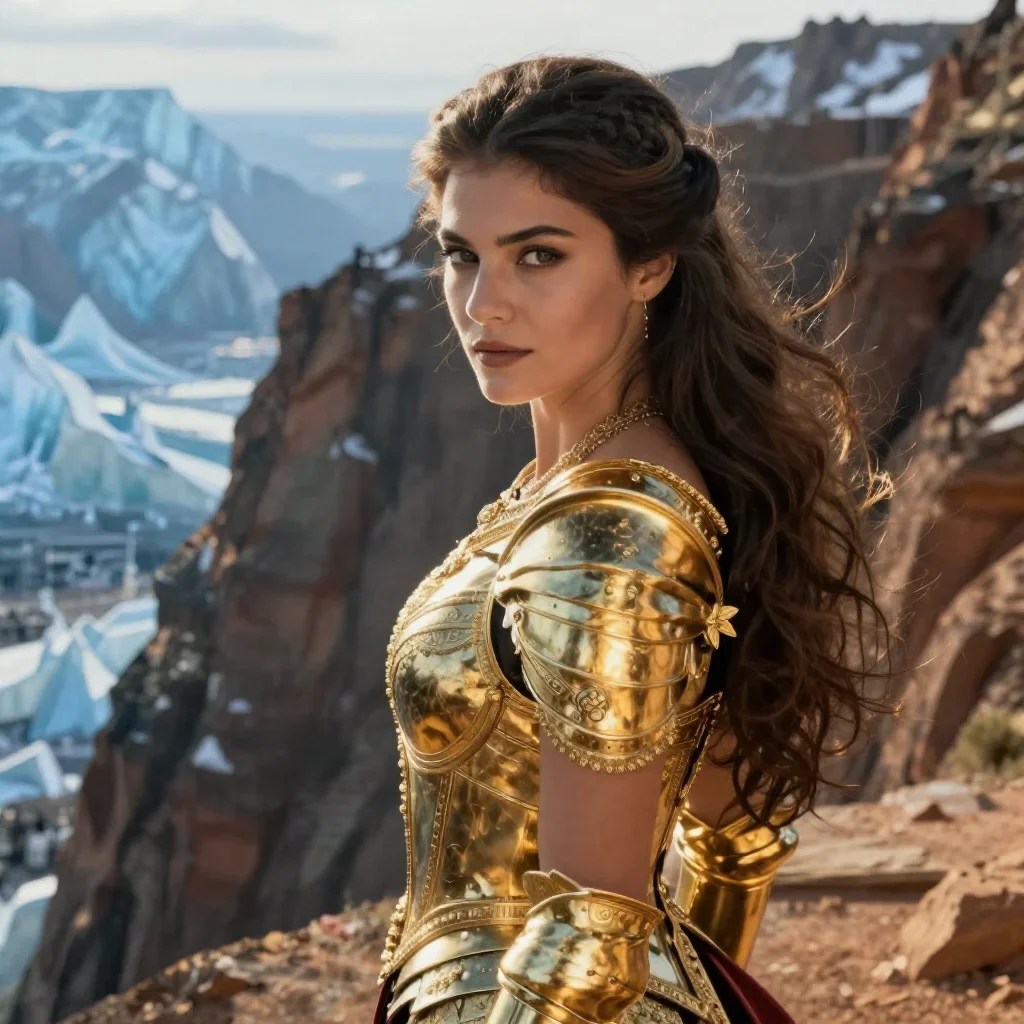 a warrior queen in ornate gilded armor in an alluring over-the-shoulder glance, on a sun-drenched cliffside, bold Helmut