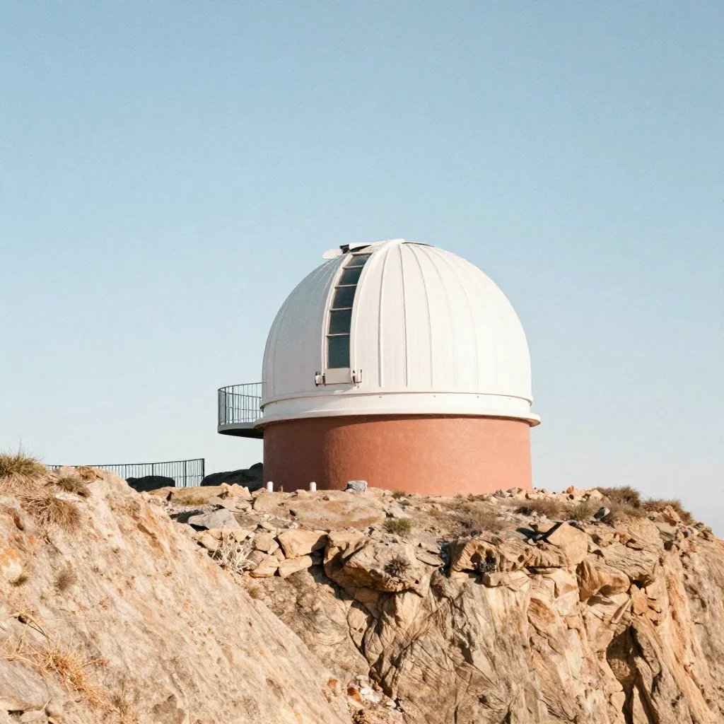a cliffside observatory in crisp winter sunlight, soft-grain analog film photography, restrained color harmony, terracot