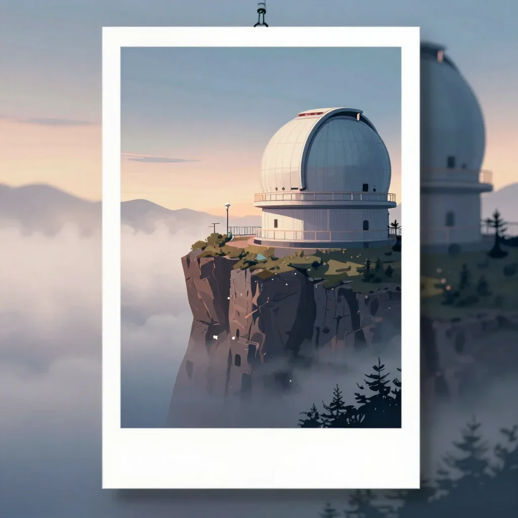 a cliffside observatory under soft dawn fog, modernist poster illustration, atmospheric depth, moss green and cream pale