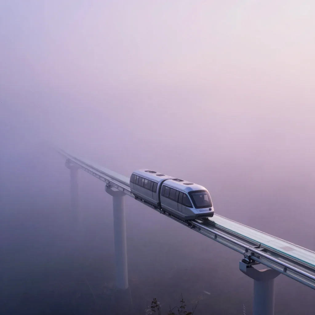 a glass monorail under soft dawn fog, quiet science-fiction concept art, soft volumetric light, lavender and silver pale