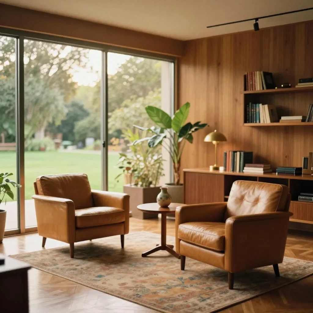 Warm mid-century-modern psychologist's office, shot from a 3/4 angle so two walls of the room are visible and the space
