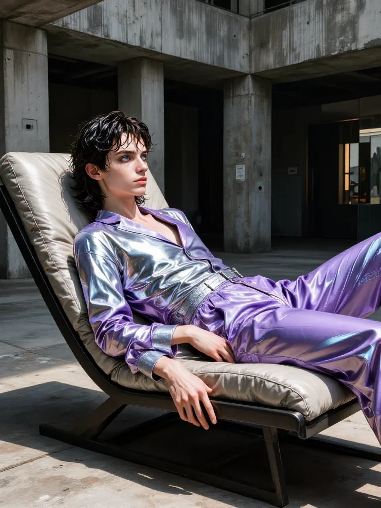 a streetwear influencer with wet-look hair reclining elegantly on a chaise, in a brutalist concrete atrium, high-fashion