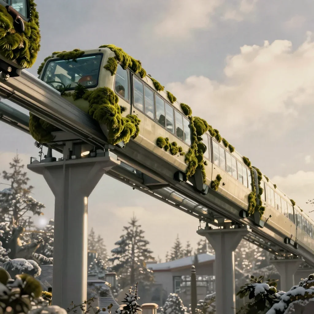 a glass monorail in crisp winter sunlight, refined editorial travel photography, atmospheric depth, moss green and cream