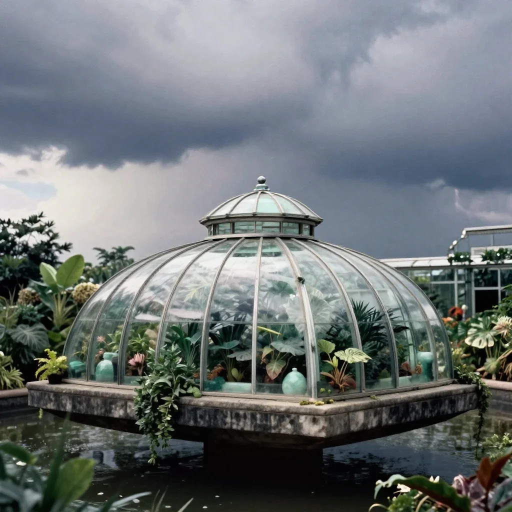 a floating botanical conservatory after a distant thunderstorm, soft-grain analog film photography, soft volumetric light, jade and charcoal palette, no people, no text, no logo, no watermark