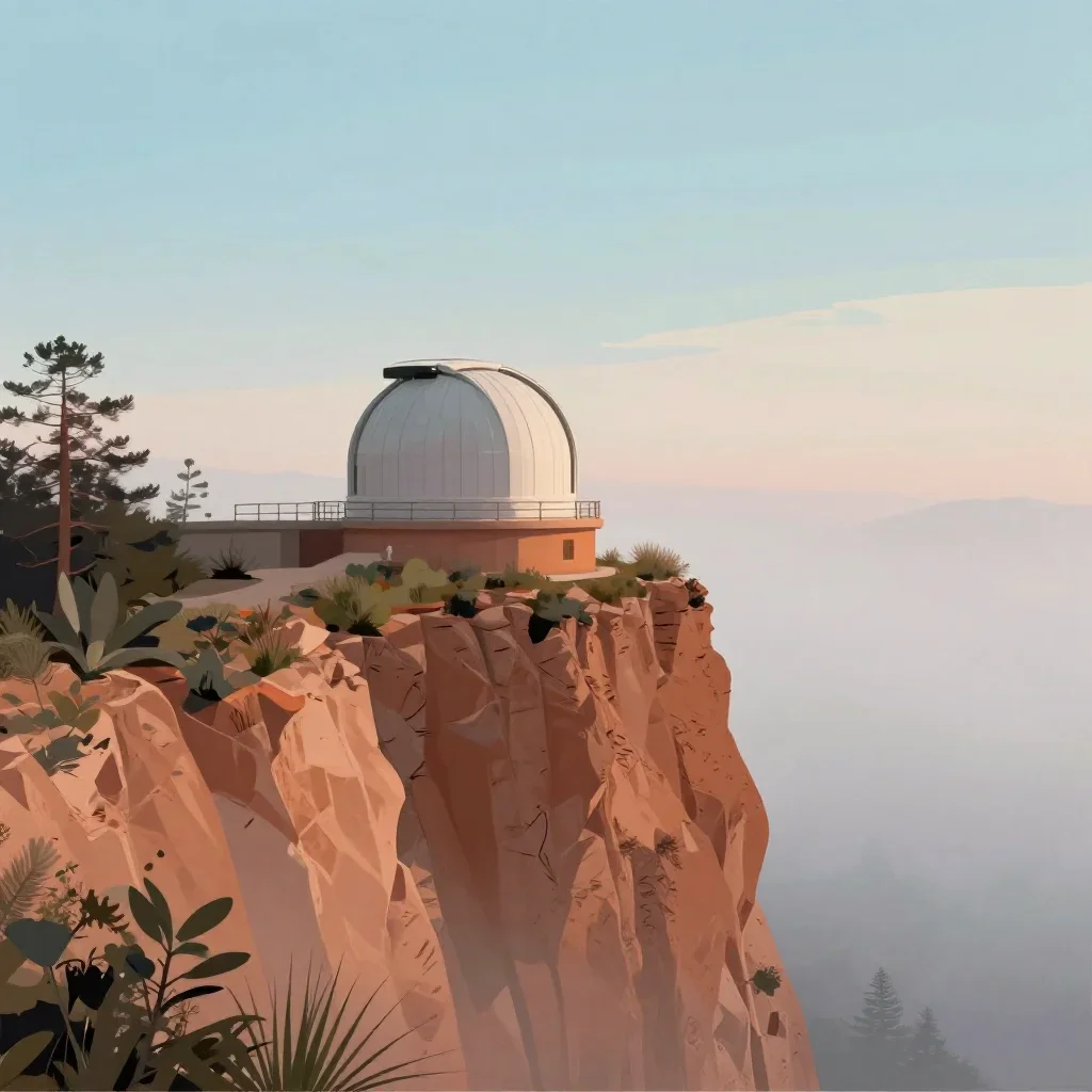 a cliffside observatory under soft dawn fog, contemporary botanical illustration, restrained color harmony, terracotta a