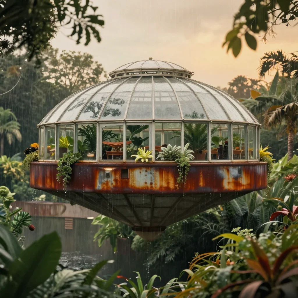 a floating botanical conservatory after warm summer rain, cinematic architectural photography, calm negative space, rust