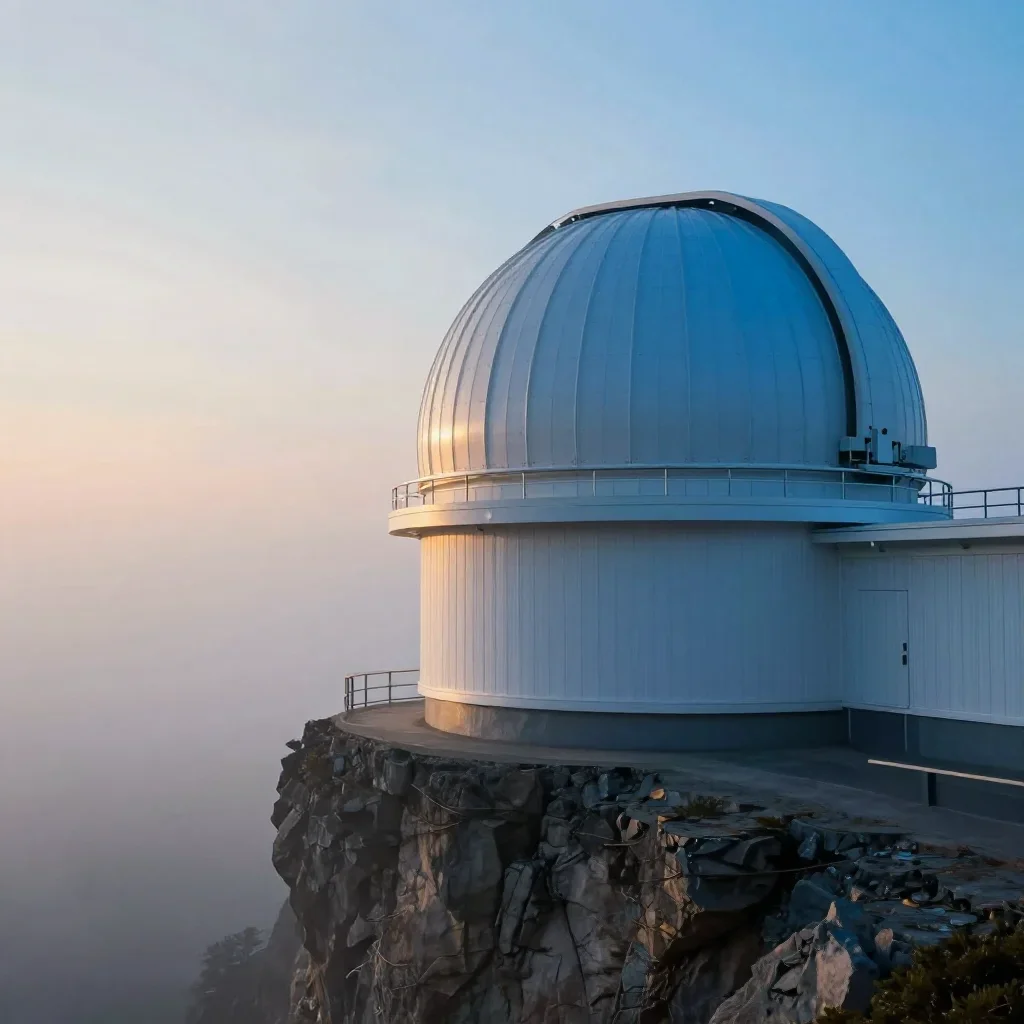 a cliffside observatory under soft dawn fog, cinematic architectural photography, clean natural textures, cobalt and amb