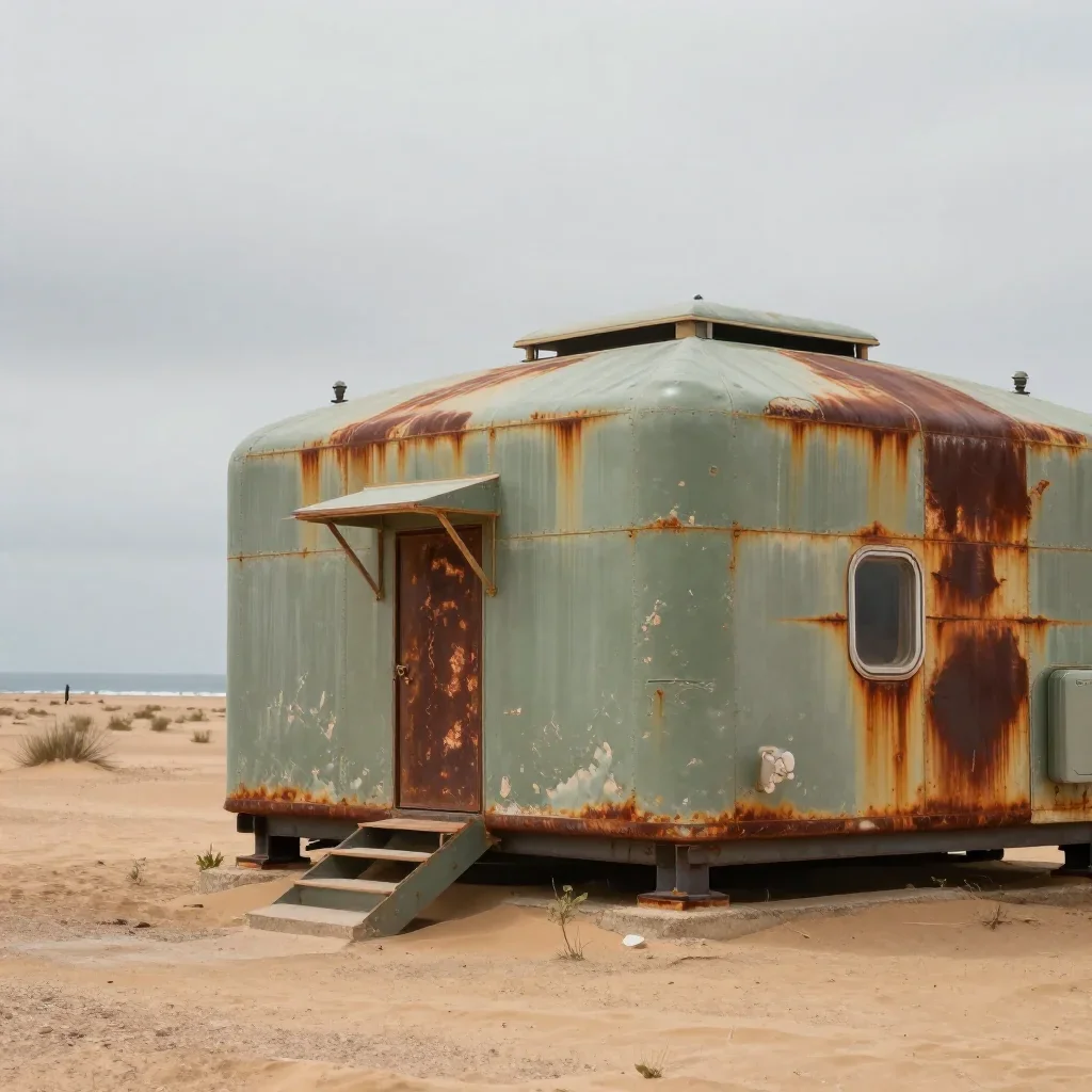 a desert research station under overcast coastal light, cinematic architectural photography, weathered tactile surfaces,