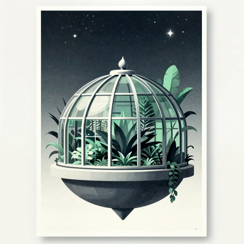a floating botanical conservatory beneath a star-filled sky, modernist poster illustration, subtle film grain, jade and 