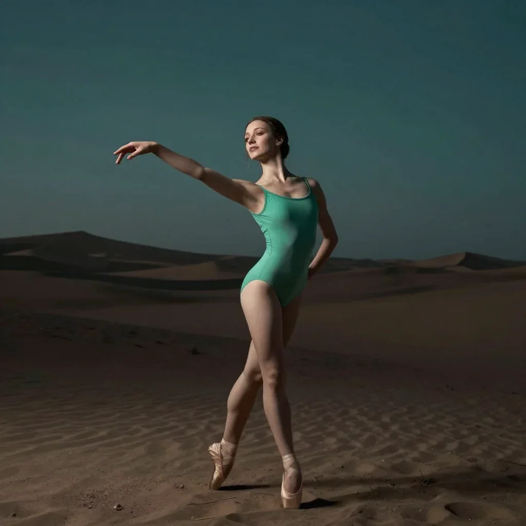 a ballet dancer in a bare-shoulder leotard, mid-extension in a gentle reach toward the lens, in a silent desert at twili