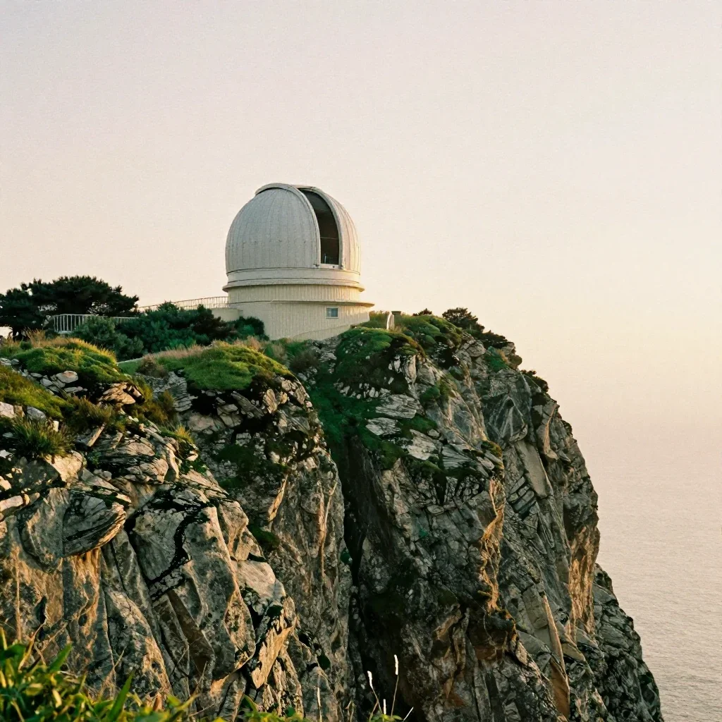 a cliffside observatory during golden hour, soft-grain analog film photography, subtle film grain, moss green and cream