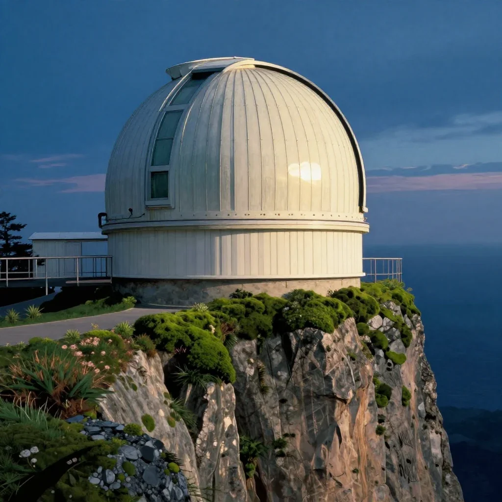 a cliffside observatory at blue hour, Japanese woodblock-inspired editorial art, gentle reflected light, moss green and 