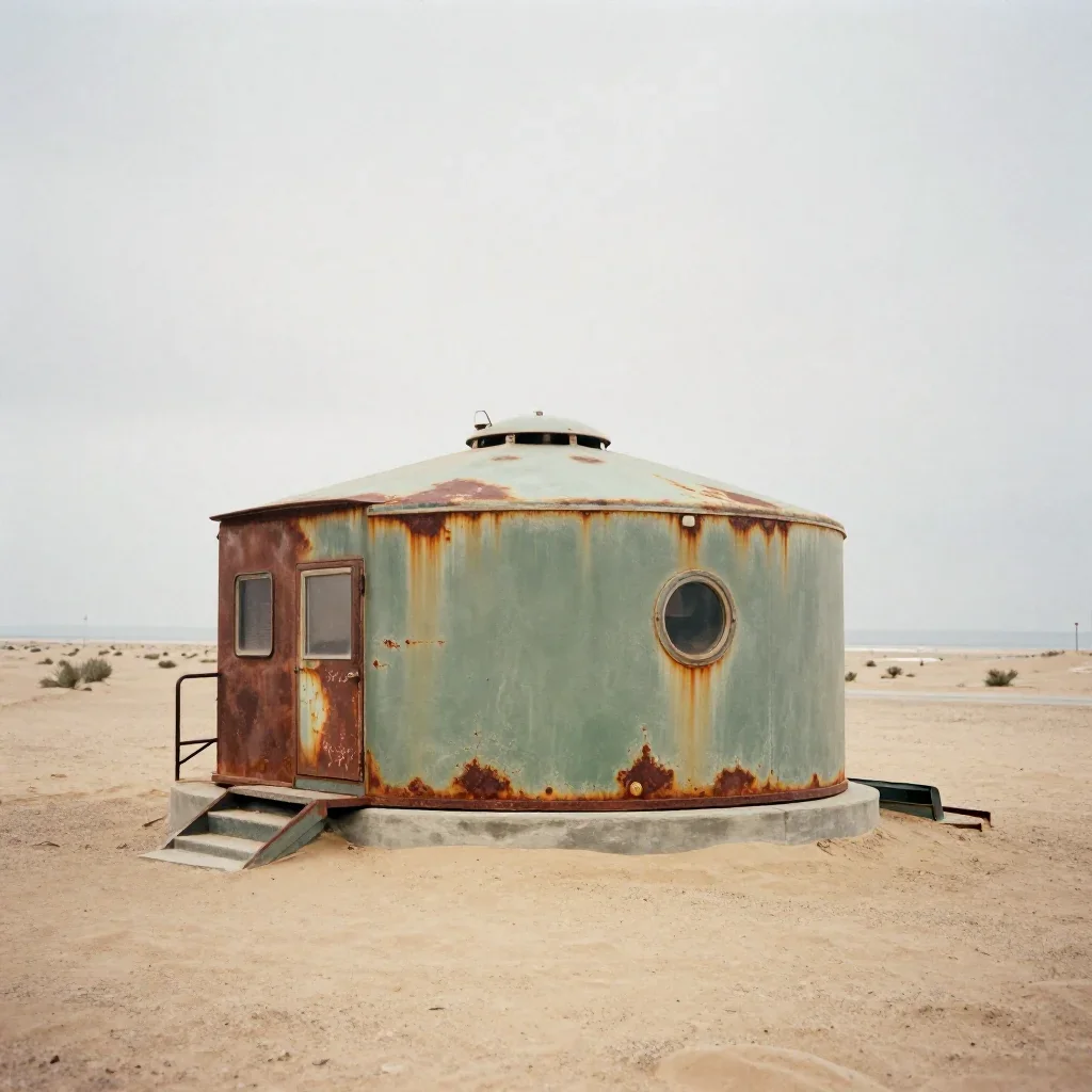 a desert research station under overcast coastal light, soft-grain analog film photography, weathered tactile surfaces, 