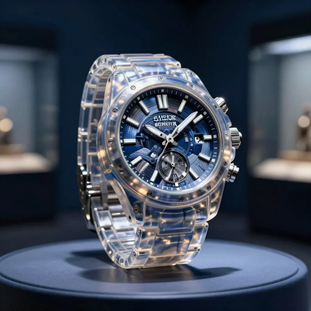 a translucent mechanical watch in cool museum light, museum-quality still-life photography, shallow depth of field, indi