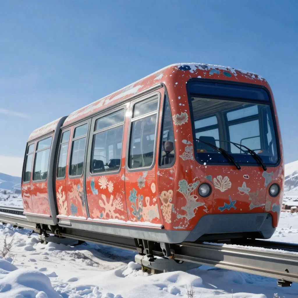 a glass monorail in crisp winter sunlight, refined editorial travel photography, weathered tactile surfaces, coral and m