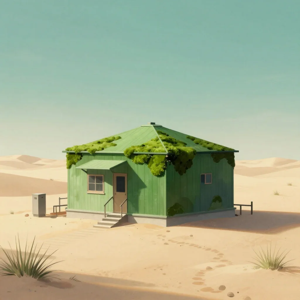 a desert research station in quiet late-afternoon haze, Japanese woodblock-inspired editorial art, careful geometric com