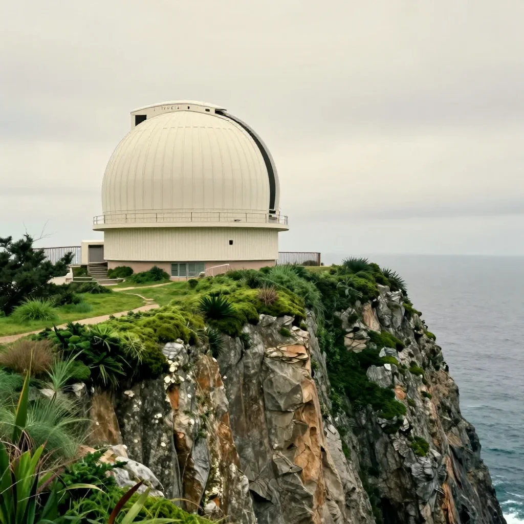 a cliffside observatory under overcast coastal light, Japanese woodblock-inspired editorial art, soft volumetric light, 
