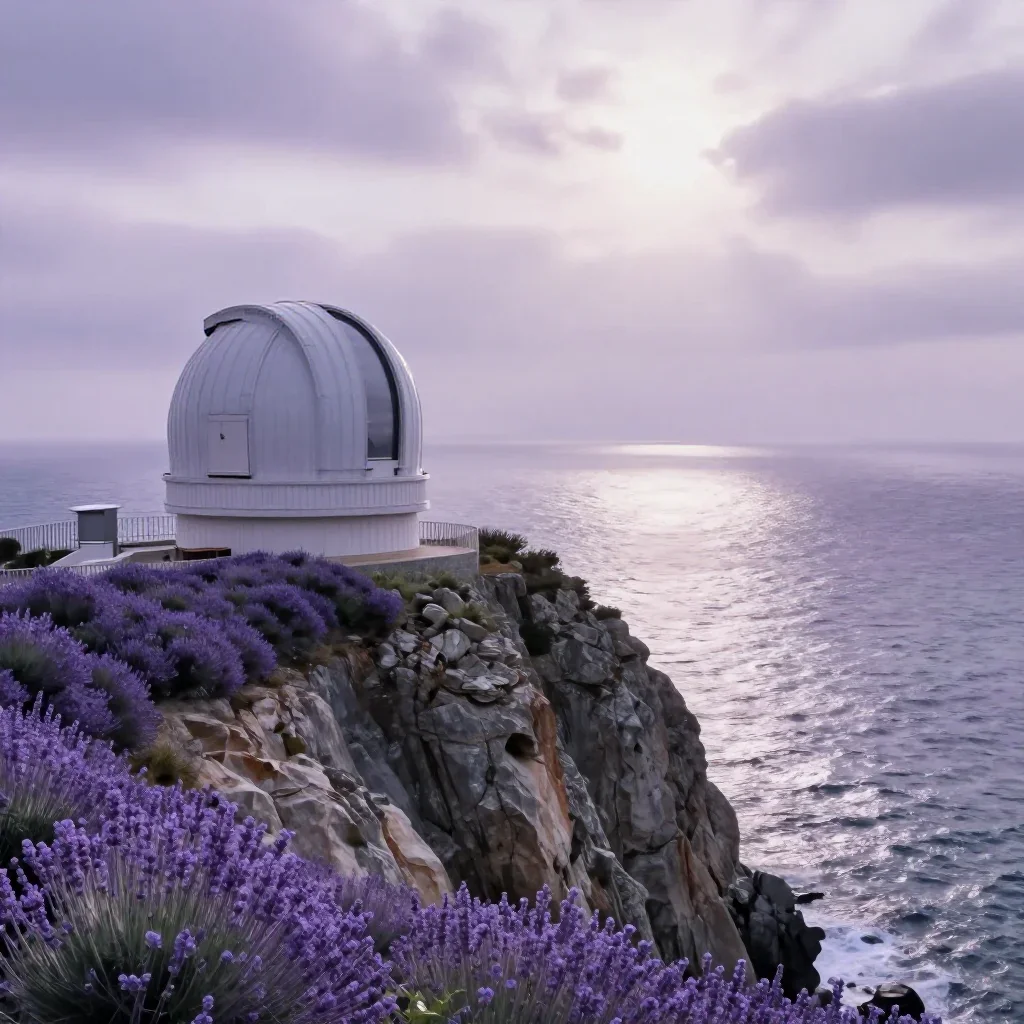 a cliffside observatory under overcast coastal light, dreamlike fine-art landscape photography, gentle reflected light, 